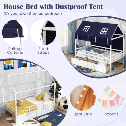 Dreamade Twin House Bed with Tent, Wood Kids Bed with 2 Storage Drawers, Solid Wood Daybed Frame with Rails and Roof