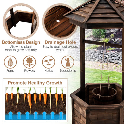 Dreamade Rustic Wooden Wishing Well Planter with Hanging Bucket, Roof Shadow