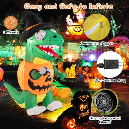 Dreamade 6 FT Inflatable Pumpkin Dinosaur, Blow up Yard Decoration with Built-in LED Lights & Witch Hat