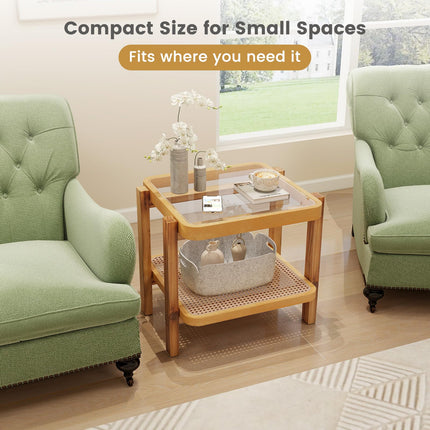 Dreamade Rattan Side Table, Boho End Table for Living Room, Narrow Bedside Table with Tempered Glass Top