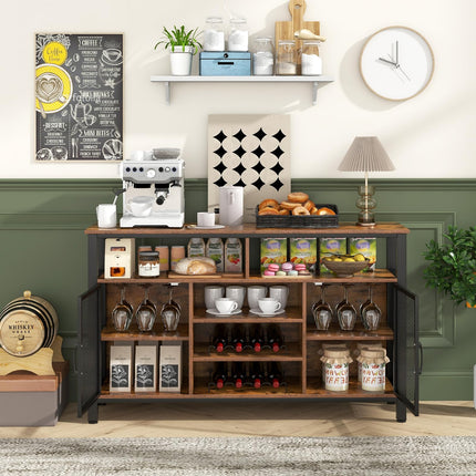 Dreamade Coffee Bar Cabinet for Liquor and Glasses, 55” Buffet Sideboard with 8-Bottle Wine Racks, 6 Rows of Wine Glass Holders