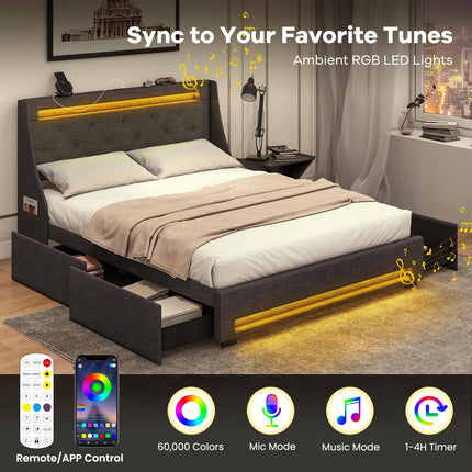 Dreamade Full Size Bed Frame with LED Lights & Charging Station, Upholstered Platform Bed with Wingback Headboard