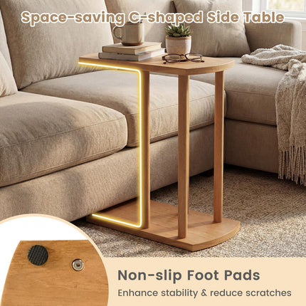 Dreamade C-Shaped Teak Wood Side Table Set of 1/2 Narrow 2-Tier Couch Tables