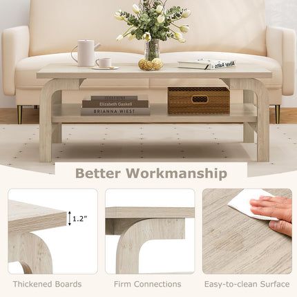 Dreamade 2-Tier Coffee Table with Storage, 47” Mid Century Rectangle Accent Table with Open Shelf