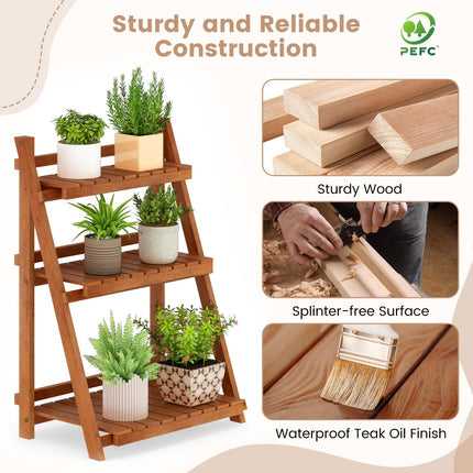 Dreamade Foldable Ladder Plant Shelf 3-Tier Solid Wood Indoor Outdoor Flower Pot Display Rack