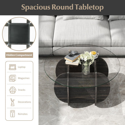 Dreamade 35" Glass Round Coffee Table with Storage Tempered Glass Top & Solid Wood Base