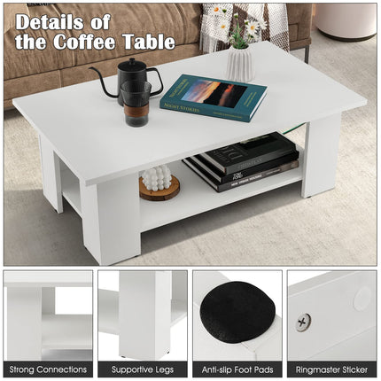 Dreamade Wood Coffee Table w/Storage Shelf, 36"L 2-Tier Large Modern Tea Table, White
