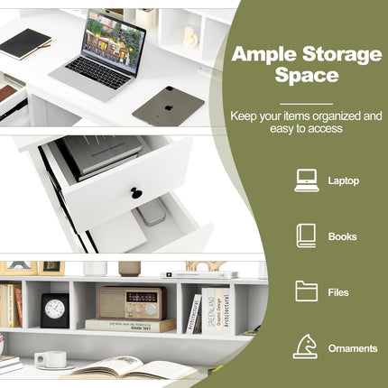 Dreamade White Desk with Drawers and Power Outlet, 48" Home Office Computer Desk with 5-Cubby Hutch