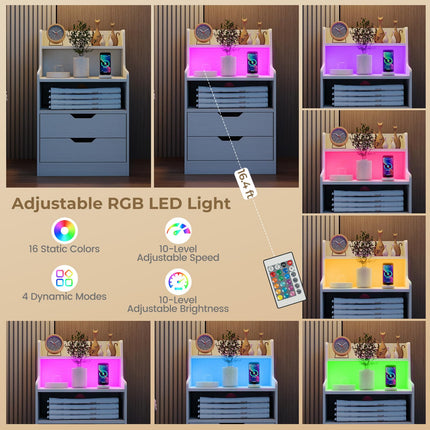 Dreamade Nightstand with LED Light and Charging Station for Living Room Bedroom