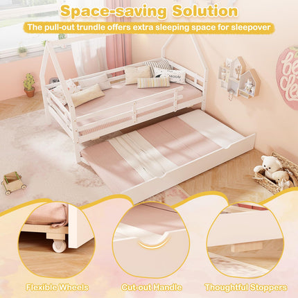 Dreamade Twin House Bed with Trundle, Wood Kids Bed Frame with Roof & Fence Rails