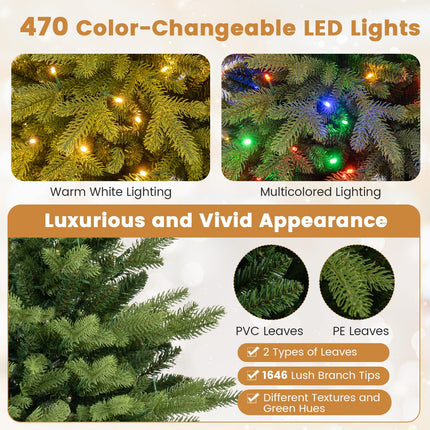Dreamade 7ft Hinged Xmas Full Tree with 470 Warm White & Multicolored LED Lights