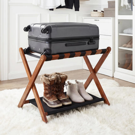 Dreamade Folding Luggage Rack | Solid Rubber Wood Suitcase Stand with Storage Shelves