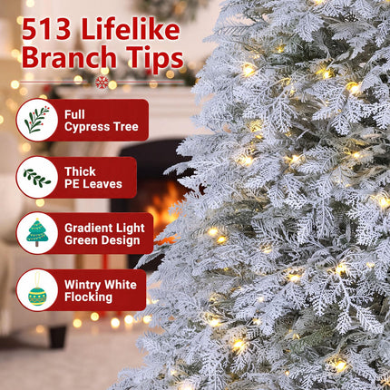 DREAMADE 6/7ft Pre-Lit Flocked Christmas Tree 513 Hinged PE Branch Tips