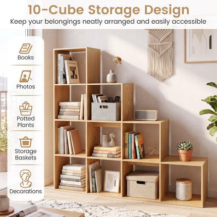 Dreamade 51" Wooden 10-Cube Stepped Bookcase for Living Room