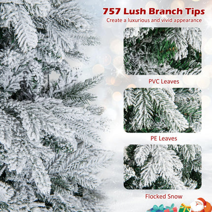 Dreamade Pre-Lit Snow Flocked Christmas Tree, Artificial Hinged Xmas Tree with Branch Tips, PE & PVC Mixed Leaves