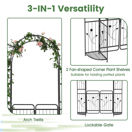 Dreamade 87'' Metal Garden Arbor with Lockable Gate and Planter Shelves