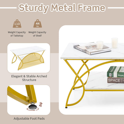 Dreamade 2-Tier Rectangular Coffee Table, Modern Chic Cocktail Table with Open Storage Shelf, White/Gold