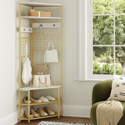 Dreamade Corner Hall Tree, 73" Tall Coat Rack w/Shoe Storage Bench, 12 Metal Hooks, 5-Tier Entryway Shoes Shelf Organizer