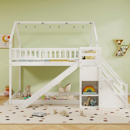 Dreamade House Bunk Bed Twin Over Twin with Slide and Stairs