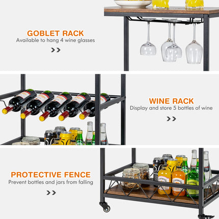 3-Tier Rolling Kitchen Island Cart Industrial Style Trolley Serving Cart
