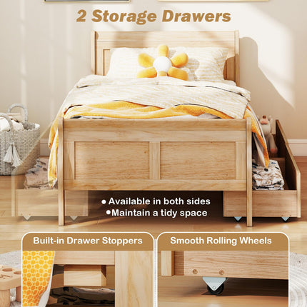 Dreamade Twin/ Full/ Queen Bed with 2 Storage Drawers Wood Platform Bed with Headboard & Footboard