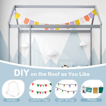 Dreamade Twin Floor Bed with Fence, Wood Montessori Bed with Safety Guardrails and 80.5" High Roof Design