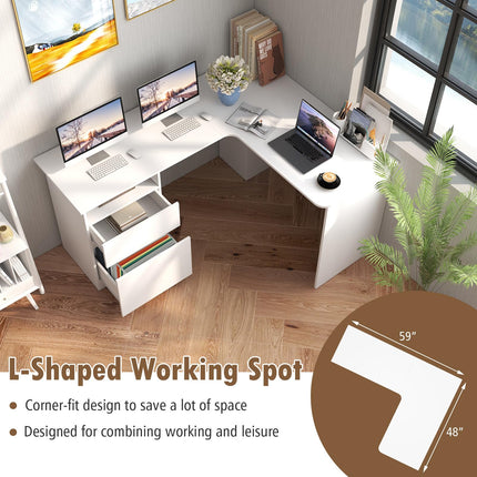 Dreamade L Shaped Computer Desk with Drawers, 59" Corner Desk Workstation with Storage Shelf & Cable Holes