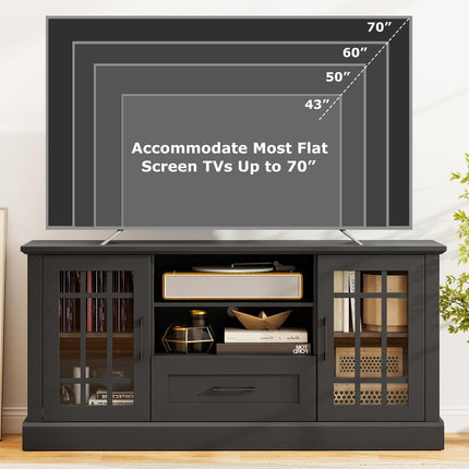 Dreamade Farmhouse TV Stand for 65/70 Inch TV with Storage Cabinets & Glass Door