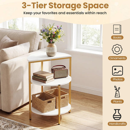 Dreamade 3-Tier Round Side Table - Wood Bedside Sofa End Table with Storage Shelves & Metal Frame
