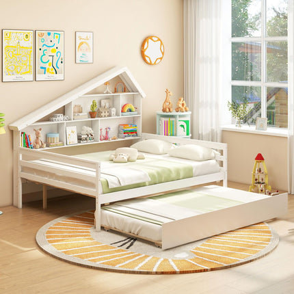 Dreamade Full House Bed with Twin Trundle, Wood Daybed with 5 Cube Storage Bookcase & Headboard