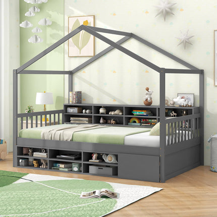 Dreamade Twin Size House Bed with Storage, Wooden Montessori House Bed with 14 Storage Cubes