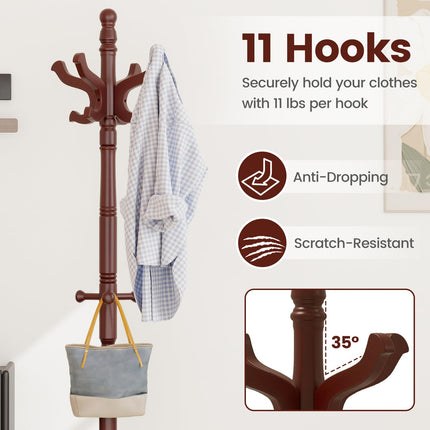Dreamade Solid Wood Coat Rack Freestanding Hall Tree with 3 Adjustable Heights and 11 Hooks