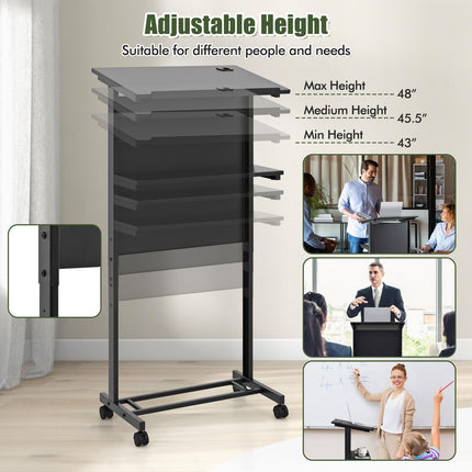 Dreamade Mobile Lectern Podium, Height Adjustable Rolling Laptop Cart with Tilting Tabletop