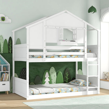 Dreamade Bunk Bed Twin Over Twin, Wood House Bed for Kids with Roof, Window Door, White