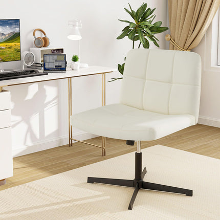 Dreamade Criss Cross Chair, PU Leather Cross Legged Office Chair No Wheels, Height-adjustable Swivel Vanity Chair with U-shaped Seat