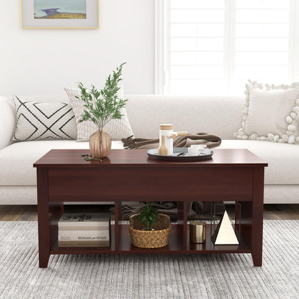 Dreamade Lift Top Coffee Table - Rectangular Wooden Table w/Hidden Compartment & Open Storage Shelves