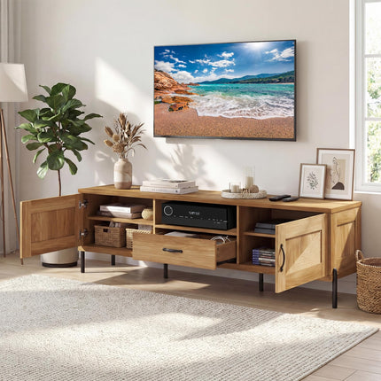Dreamade Mid Century Modern Rattan TV Stand for TVs up to 80" w/ 2 Storage Cabinets