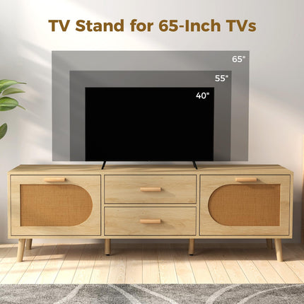 Dreamade Rattan TV Stand for TVs up to 65 Inch, 59" TV Console Cabinet with Drawers & Solid Wood Legs