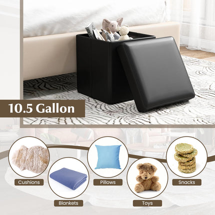 Dreamade Cube Storage Ottoman - 15 Inches Folding Ottoman Storage Chest, PVC Leather, Upholstered Footrest