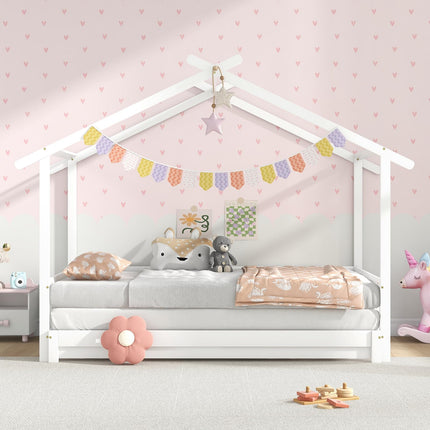Dreamade Extendable House Bed for Kids, Twin to King Daybed with Roof & Fence Rails, Wood Kids Bed Frame for Teens