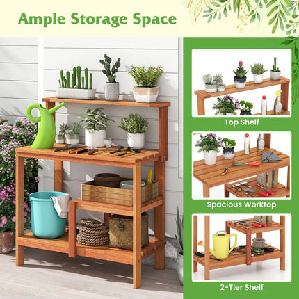 Dreamade 4-Tier Potting Bench, Solid Wood Gardening Workstation w/Open Storage Shelves