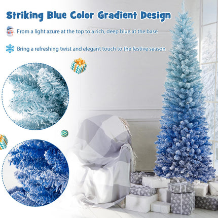 Dreamade 6 FT Blue Gradient Snow Flocked Christmas Tree, Artificial Unlit Hinged Xmas Full Tree with 435 Lush Branch Tips