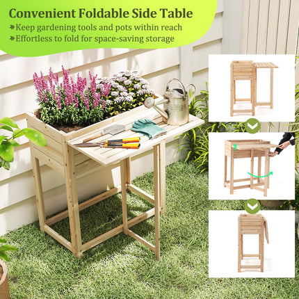 Dreamade Wood Raised Garden Bed w/Folding Drop-Leaf Potting Table