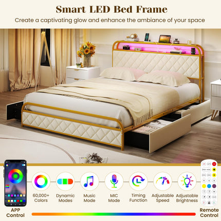 Dreamade Queen/Full/Twin Size Bed Frame with 4 Storage Drawers and Charging Station