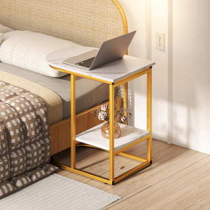 Dreamade C Shaped End Table with Faux Marble Tabletop and Storage Shelf