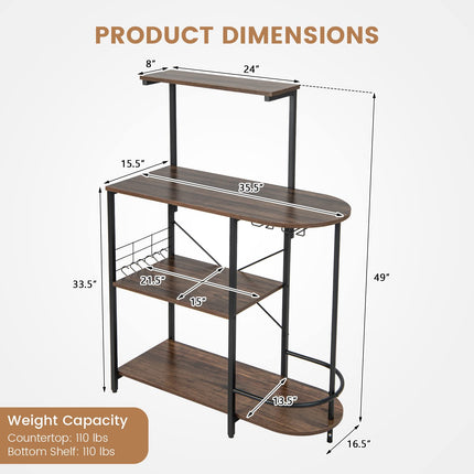 Dreamade Kitchen Bakers Rack, 4-Tier Microwave Stand with 6 Hooks & Stemware Racks (Rustic Brown)
