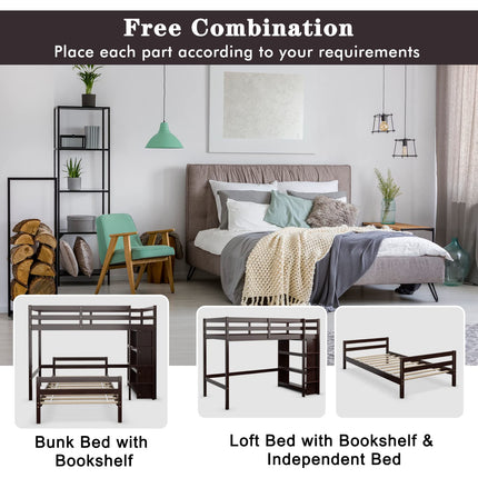 Dreamade Twin Over Twin Loft Bed w/ Bookcase, Bunk Bed w/ 12.5" Full-Length Guardrail & Ladder