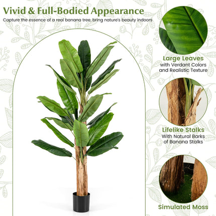 Dreamade 6.5 FT Tall Artificial Banana Tree, Fake Banana Tree w/ 27 Large Leaves, Triple Stalks, Natural Bark