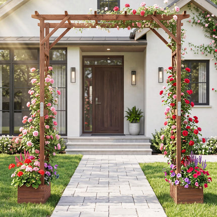Dreamade 87in Tall Wooden Garden Arbor with Planter Boxes & Hanging Roof