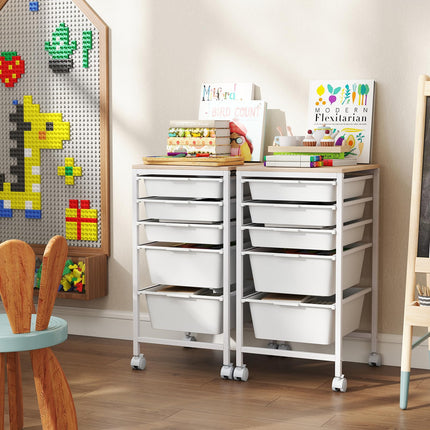 Dreamade 5-Drawer Rolling Storage Cart Mobile Utility Organizer with Wooden Tabletop and Lockable Wheels